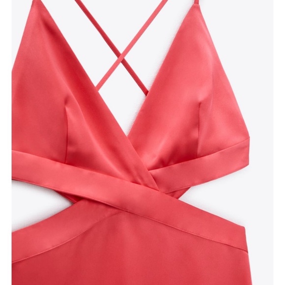 NWT. Zara Coral Pink Satin Effect Cut Out V-neck Midi Dress. Size XS. - Picture 4 of 12
